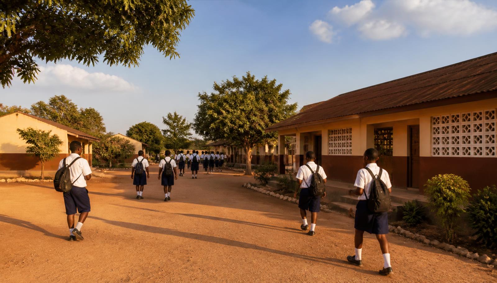 Students walking through an African school compound at golden hour